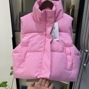 2025 Spring and Autumn New Short Puffer Vest, Starry Sky Pattern Stand Collar Korean Style Down Cotton Jacket, Trendy Outerwear