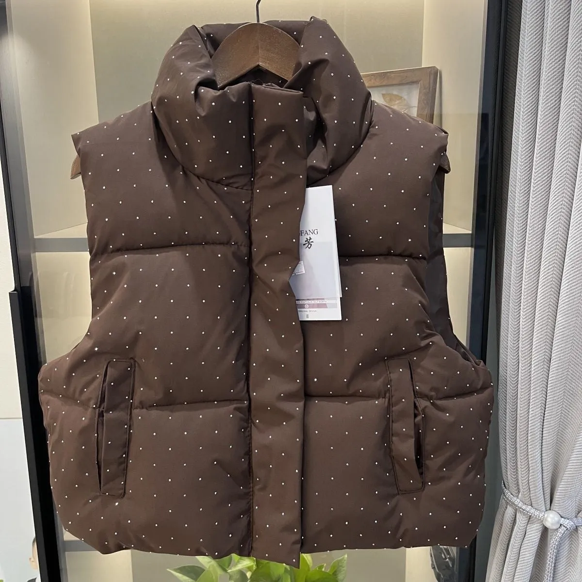 2025 Spring and Autumn New Short Puffer Vest, Starry Sky Pattern Stand Collar Korean Style Down Cotton Jacket, Trendy Outerwear