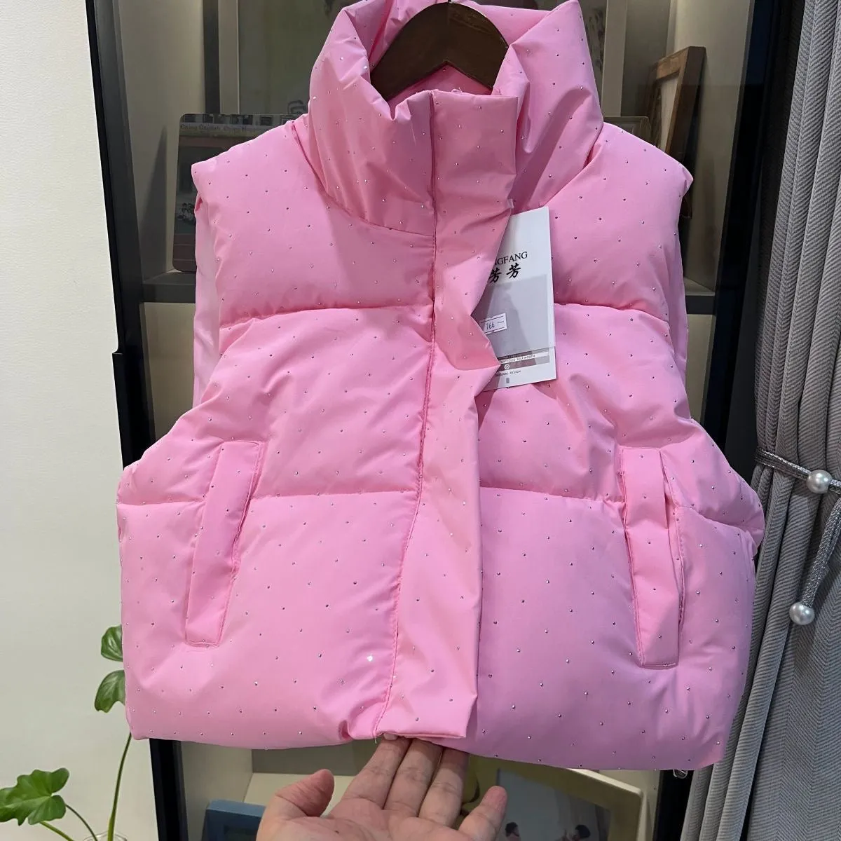 2025 Spring and Autumn New Short Puffer Vest, Starry Sky Pattern Stand Collar Korean Style Down Cotton Jacket, Trendy Outerwear
