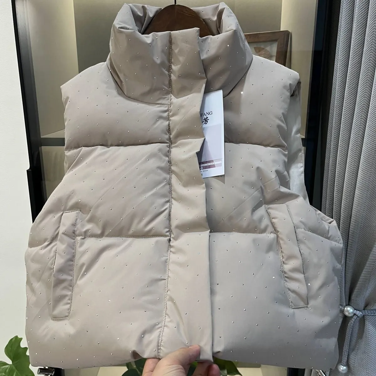 2025 Spring and Autumn New Short Puffer Vest, Starry Sky Pattern Stand Collar Korean Style Down Cotton Jacket, Trendy Outerwear