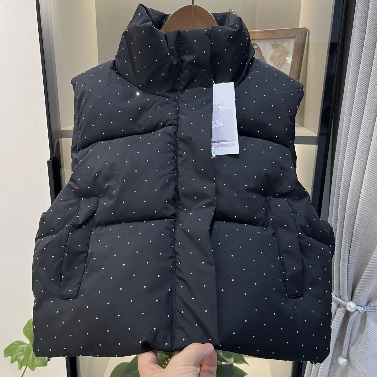 2025 Spring and Autumn New Short Puffer Vest, Starry Sky Pattern Stand Collar Korean Style Down Cotton Jacket, Trendy Outerwear