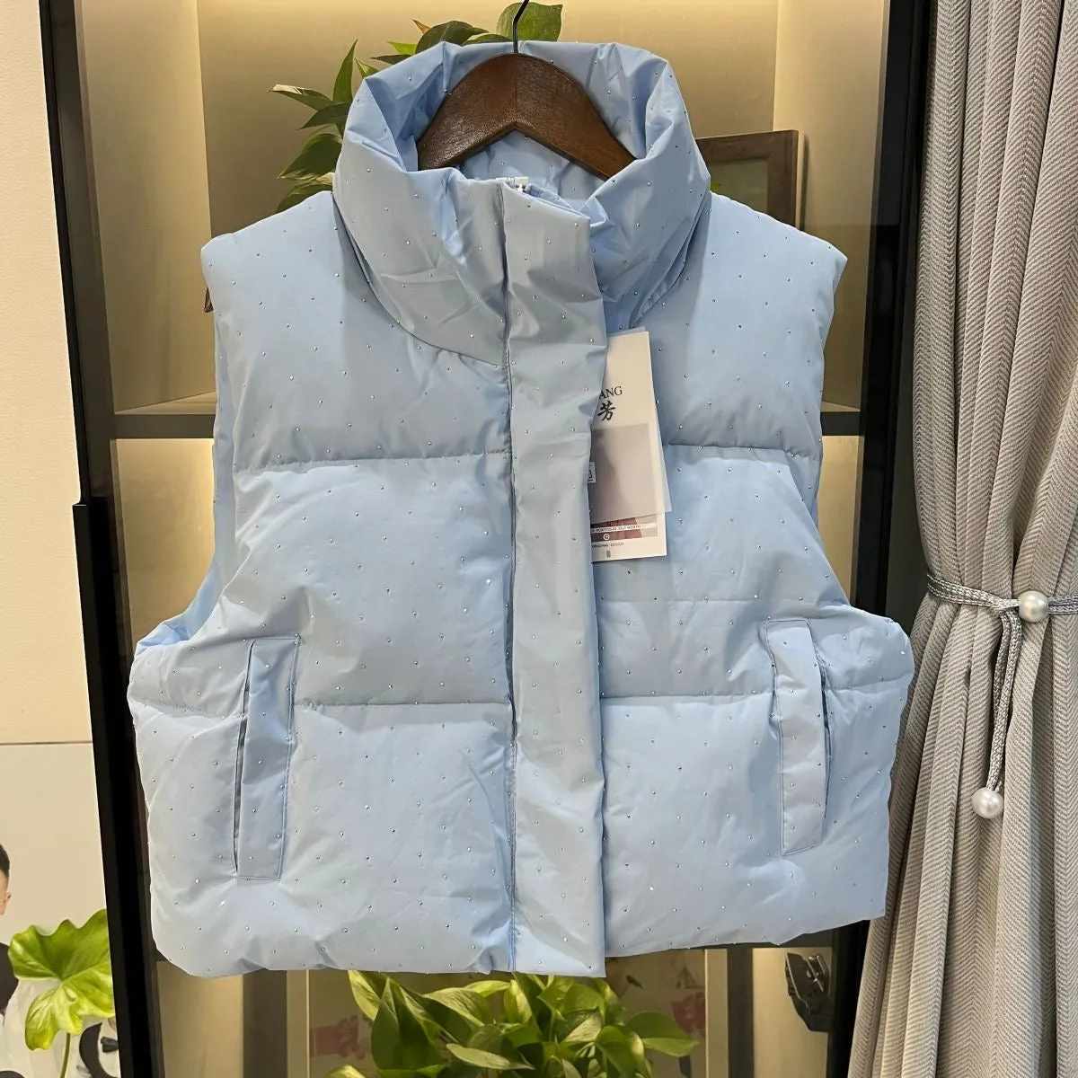 2025 Spring and Autumn New Short Puffer Vest, Starry Sky Pattern Stand Collar Korean Style Down Cotton Jacket, Trendy Outerwear
