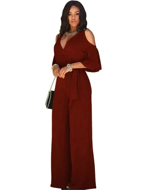 2025 Summer Fashion: Elegant Women's Solid Deep V-Neck Short Sleeve Lace-Up Wide-Leg Jumpsuit