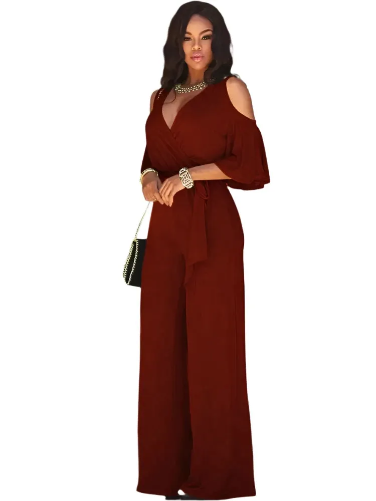 2025 Summer Fashion: Elegant Women's Solid Deep V-Neck Short Sleeve Lace-Up Wide-Leg Jumpsuit