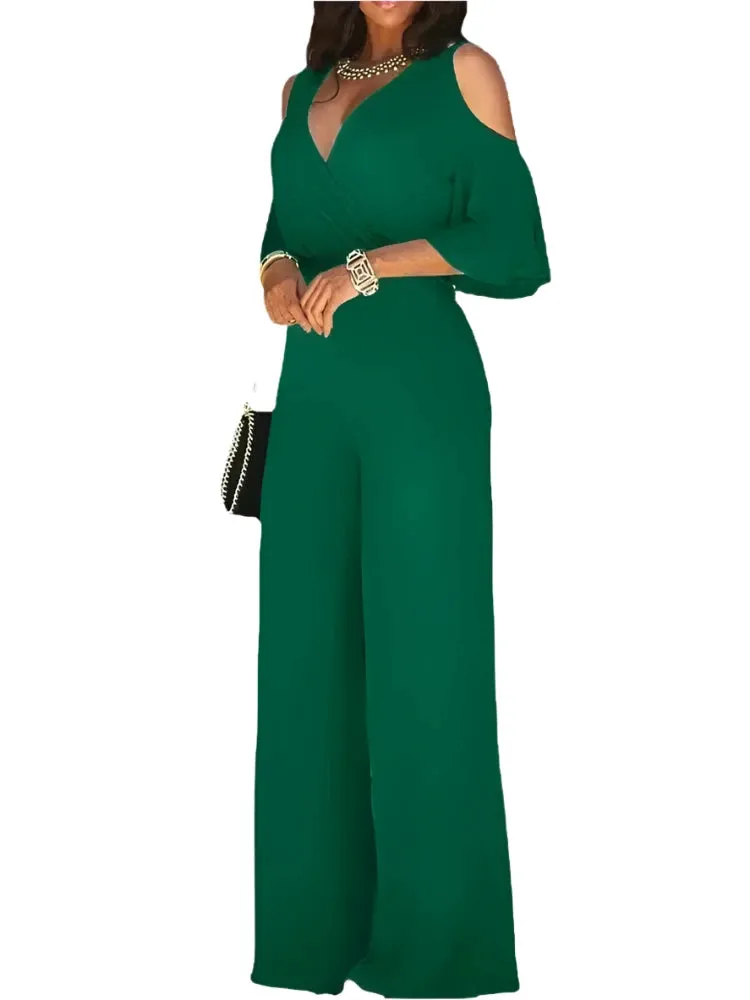 2025 Summer Fashion: Elegant Women's Solid Deep V-Neck Short Sleeve Lace-Up Wide-Leg Jumpsuit