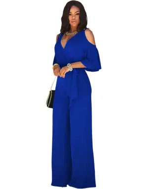 2025 Summer Fashion: Elegant Women's Solid Deep V-Neck Short Sleeve Lace-Up Wide-Leg Jumpsuit