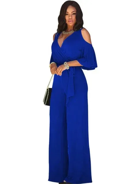 2025 Summer Fashion: Elegant Women's Solid Deep V-Neck Short Sleeve Lace-Up Wide-Leg Jumpsuit