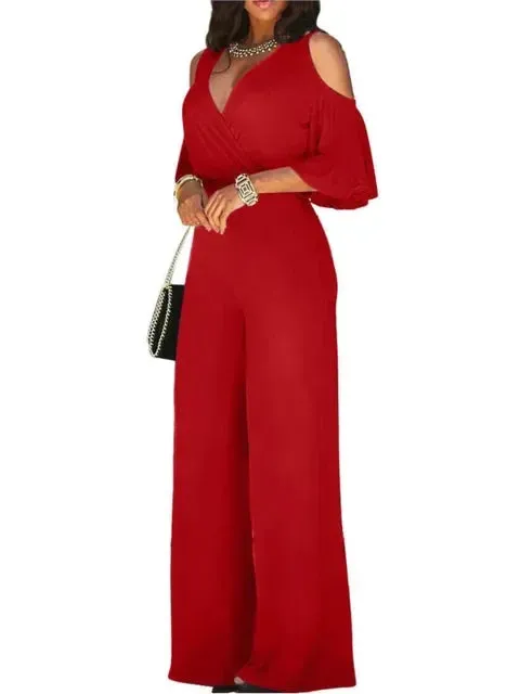 2025 Summer Fashion: Elegant Women's Solid Deep V-Neck Short Sleeve Lace-Up Wide-Leg Jumpsuit