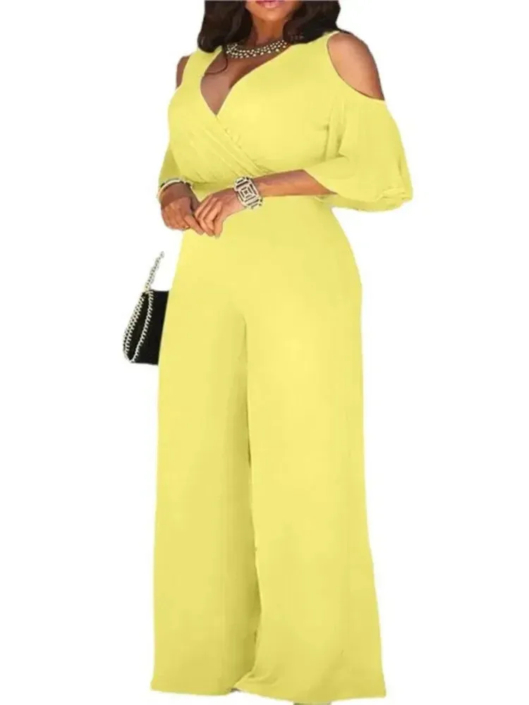 2025 Summer Fashion: Elegant Women's Solid Deep V-Neck Short Sleeve Lace-Up Wide-Leg Jumpsuit