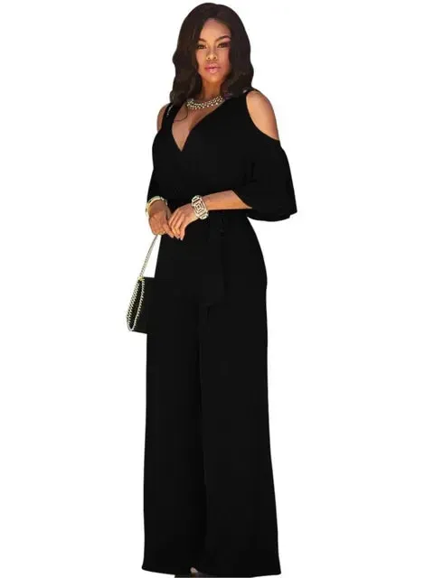 2025 Summer Fashion: Elegant Women's Solid Deep V-Neck Short Sleeve Lace-Up Wide-Leg Jumpsuit