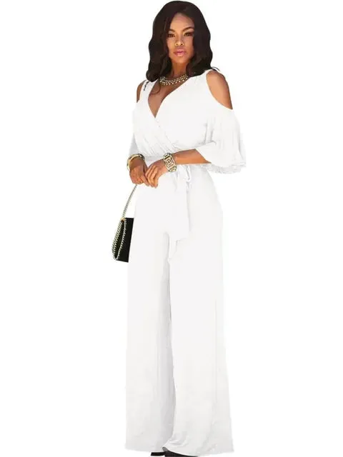 2025 Summer Fashion: Elegant Women's Solid Deep V-Neck Short Sleeve Lace-Up Wide-Leg Jumpsuit