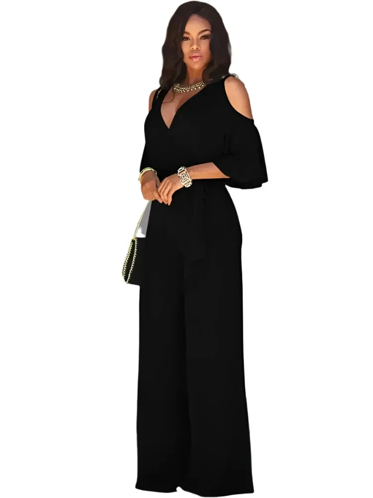 2025 Summer Fashion: Elegant Women's Solid Deep V-Neck Short Sleeve Lace-Up Wide-Leg Jumpsuit
