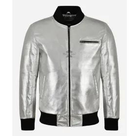 70'S CLASSIC BOMBER Leather JACKET SILVER Lambskin Retro Jacket