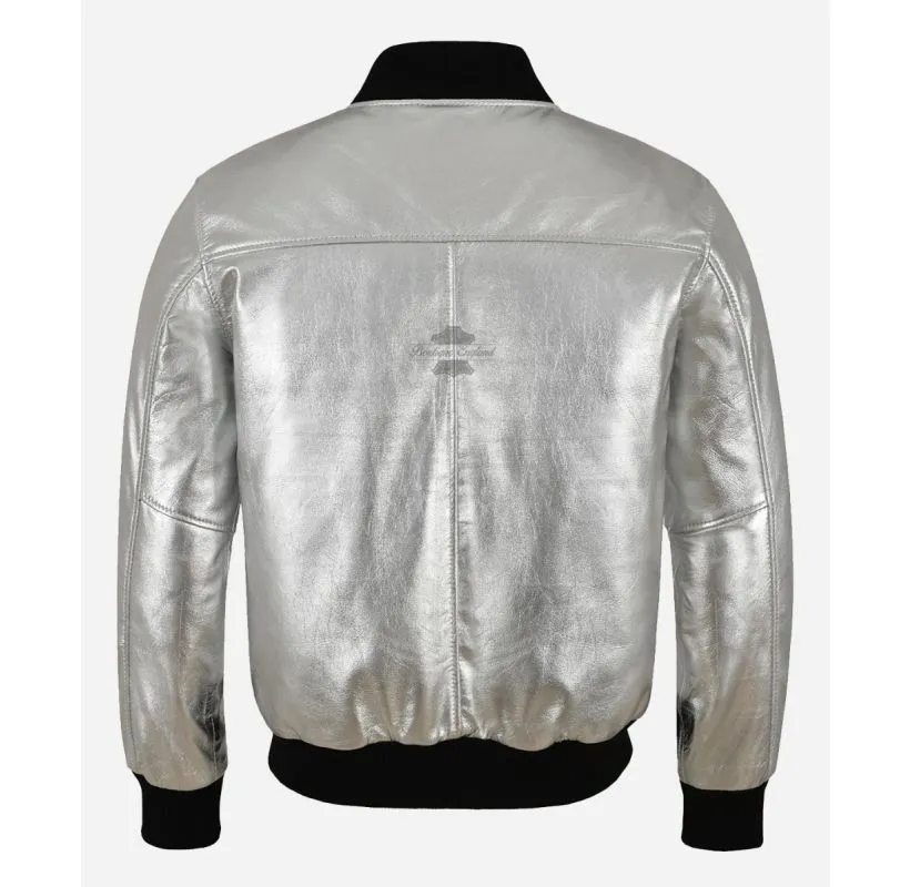 70'S CLASSIC BOMBER Leather JACKET SILVER Lambskin Retro Jacket