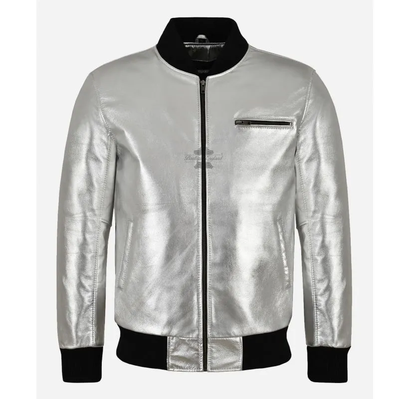 70'S CLASSIC BOMBER Leather JACKET SILVER Lambskin Retro Jacket