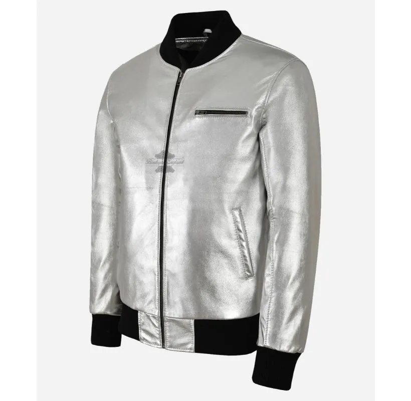 70'S CLASSIC BOMBER Leather JACKET SILVER Lambskin Retro Jacket