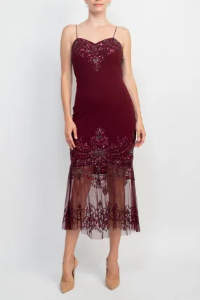 Aidan Mattox Spaghetti Strap Embellished Bodycon Zipper Back Illusion Crepe Dress