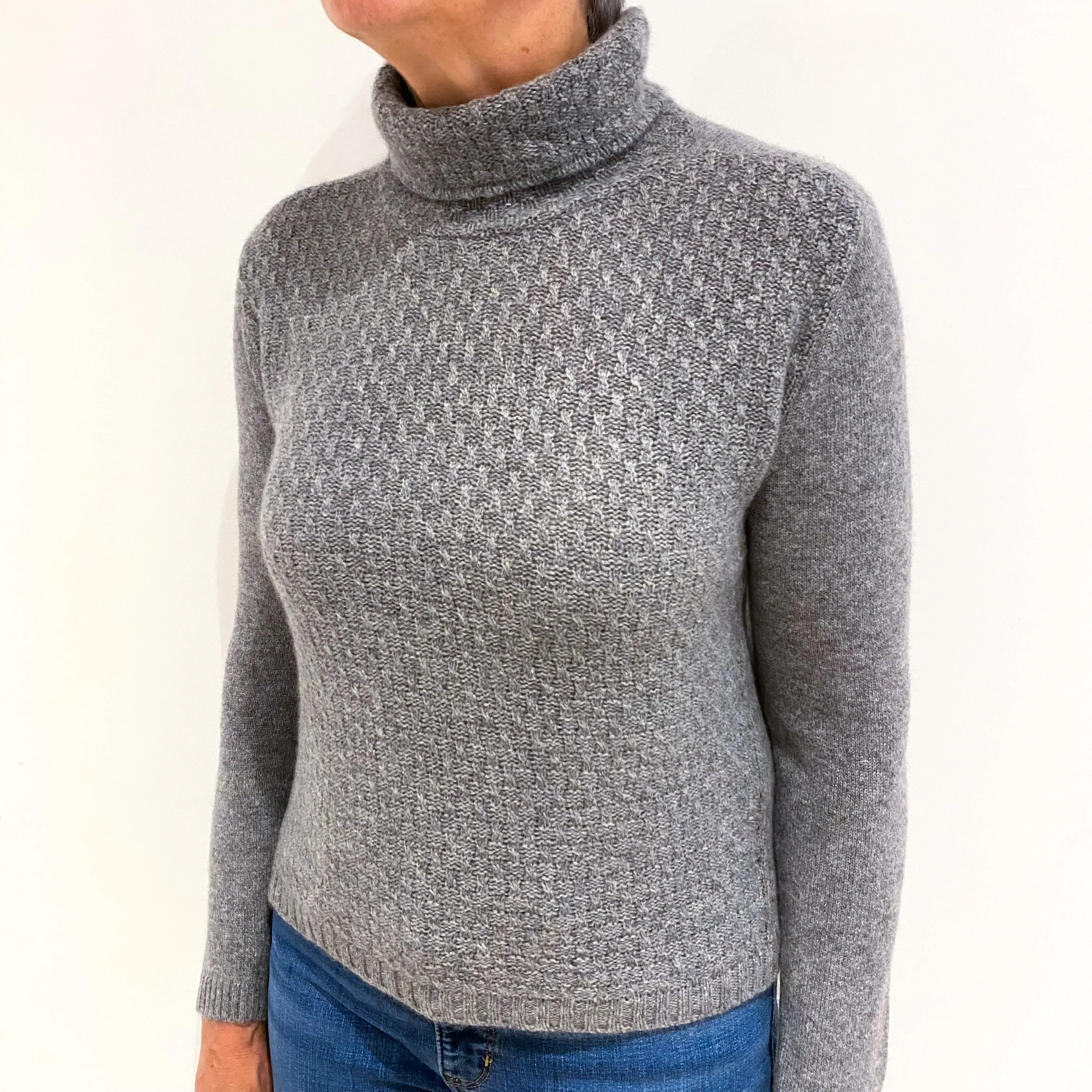 Ash Grey Textured Cashmere Polo Neck Jumper Medium