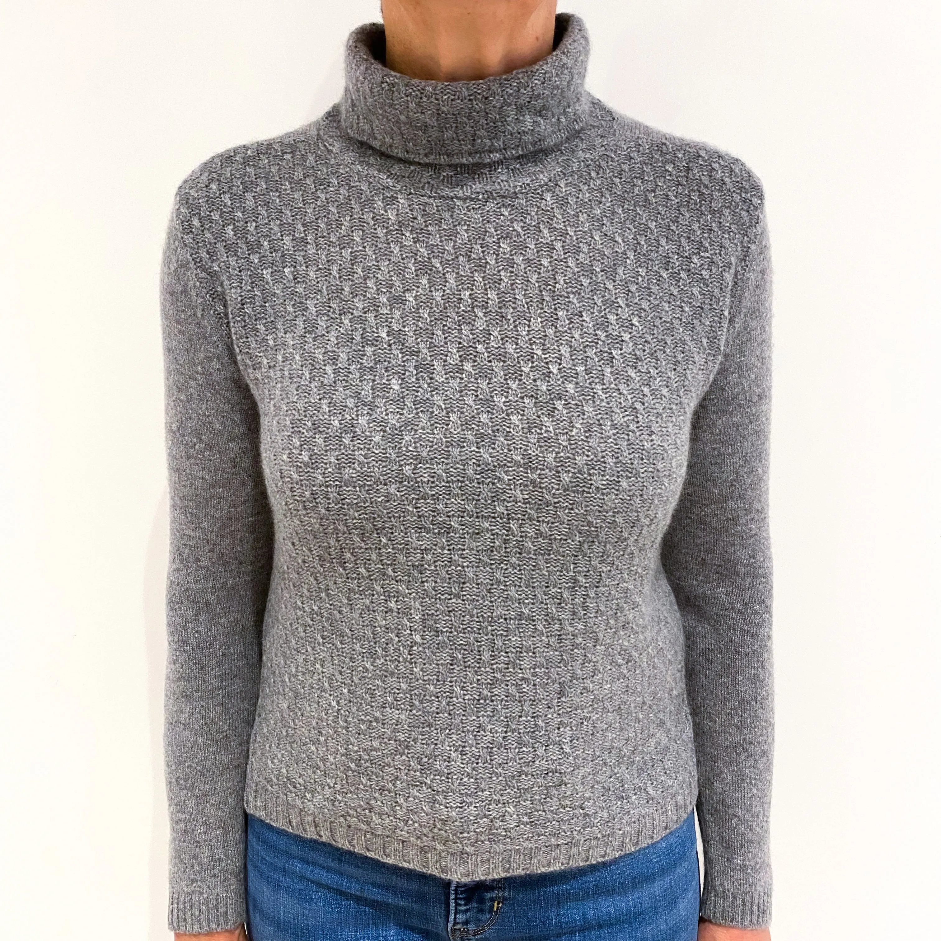 Ash Grey Textured Cashmere Polo Neck Jumper Medium