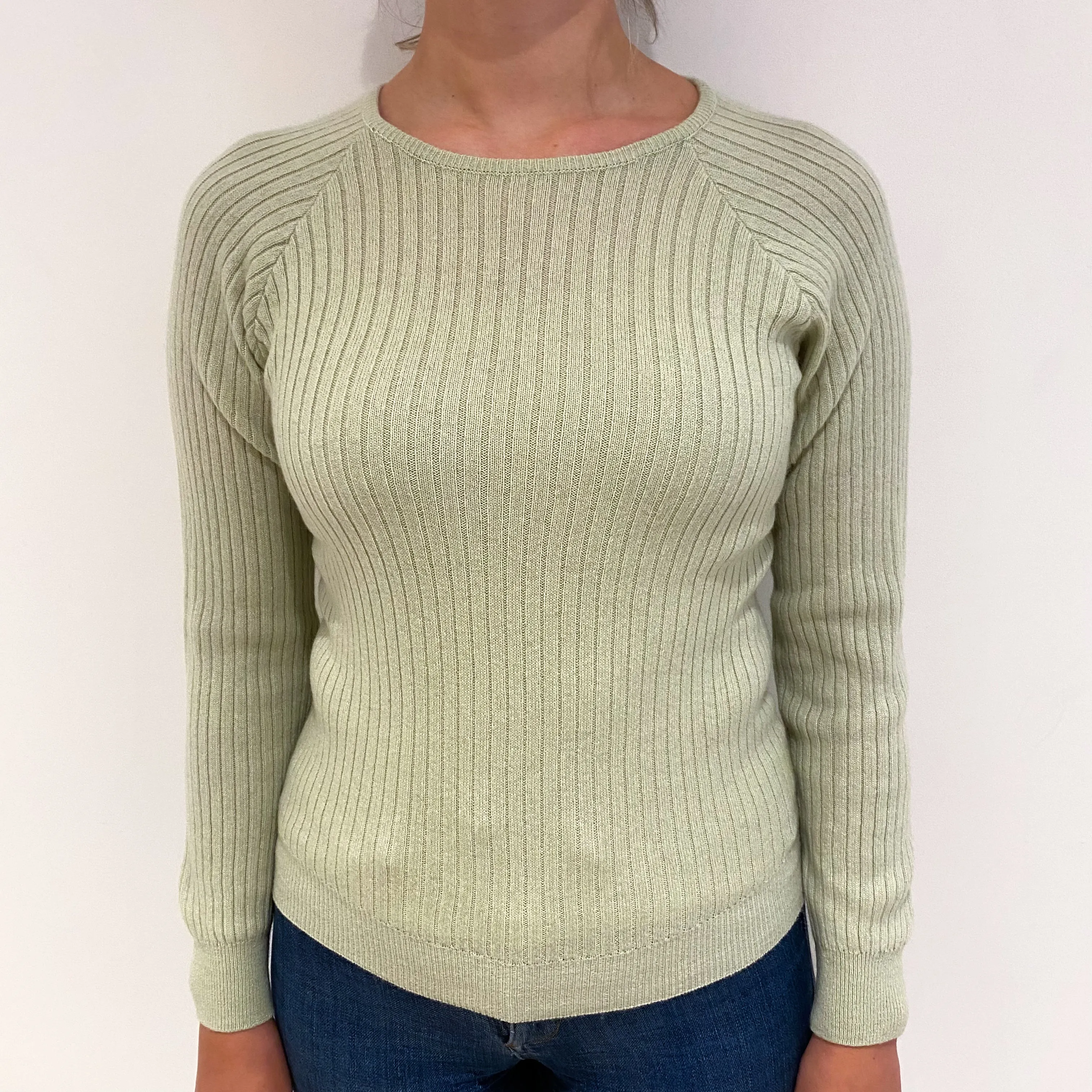 Avocado Green Rib Cashmere Crew Neck Jumper Small