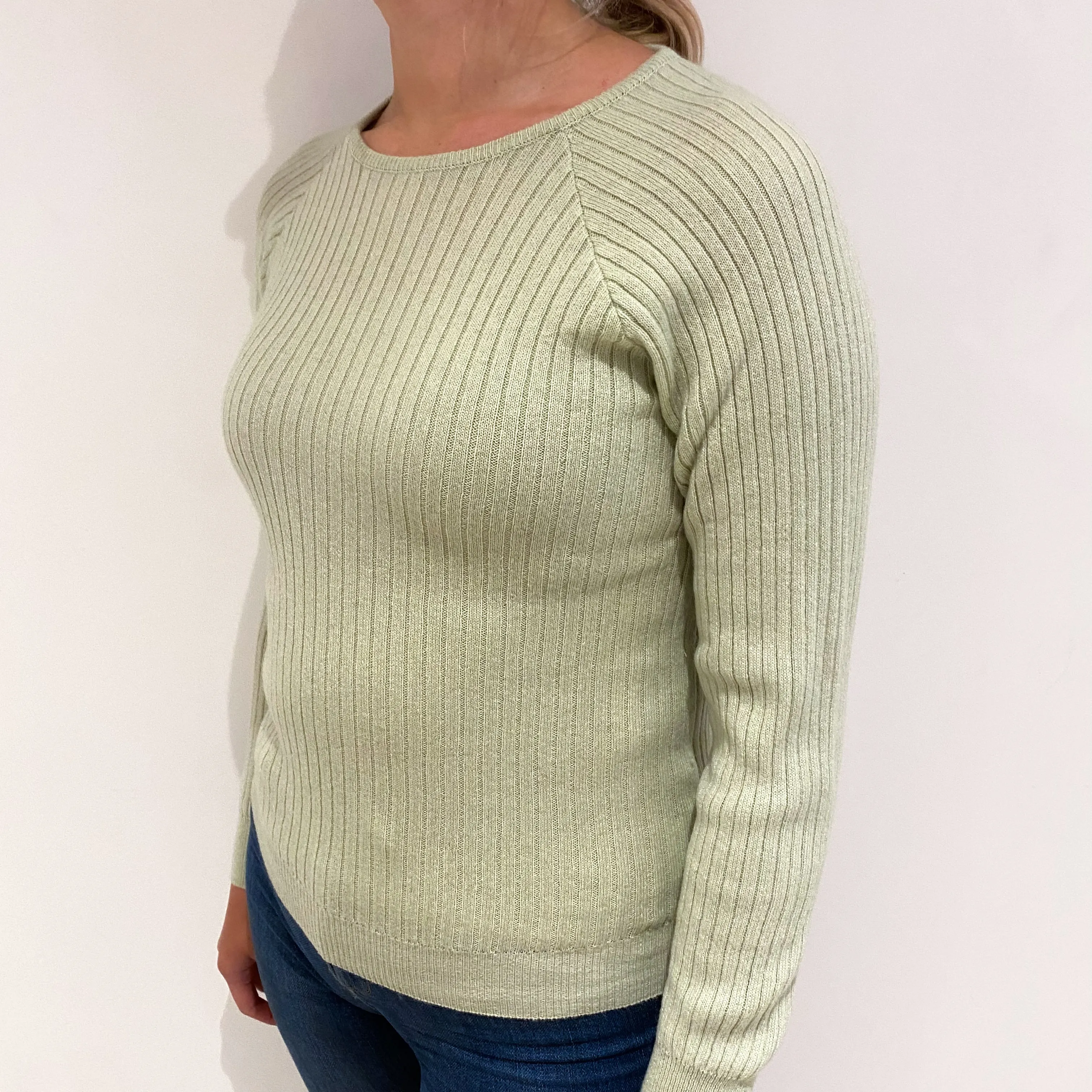 Avocado Green Rib Cashmere Crew Neck Jumper Small