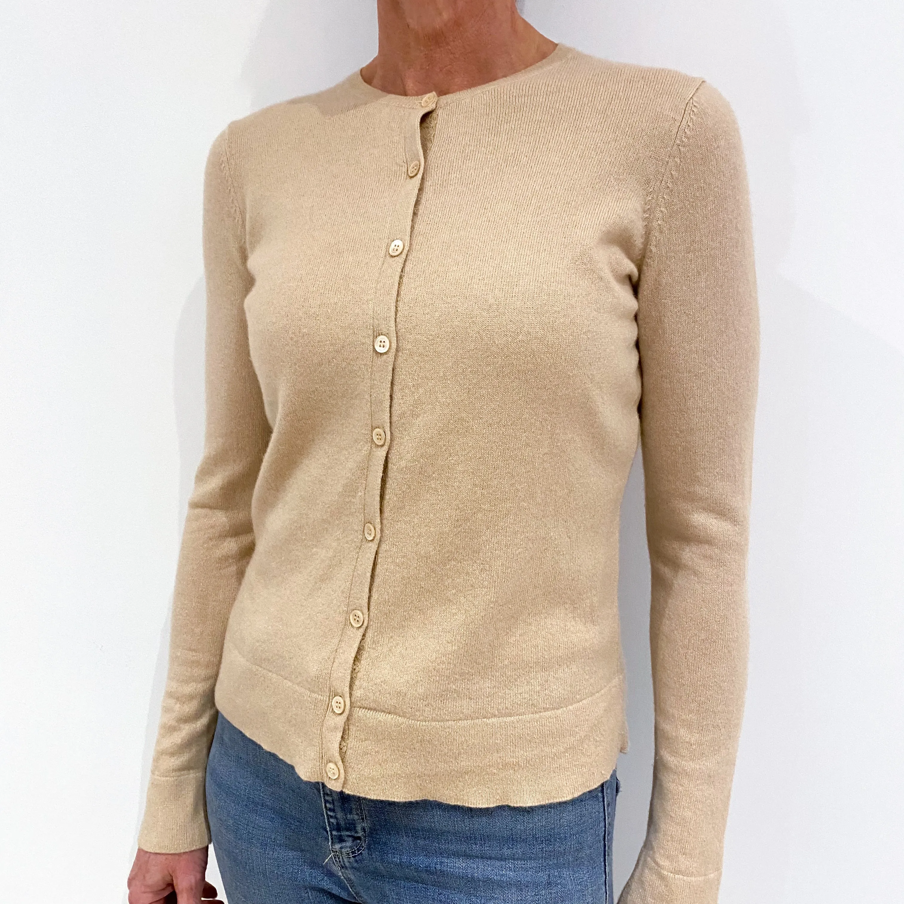 Beige Cashmere Crew Neck Cardigan Small