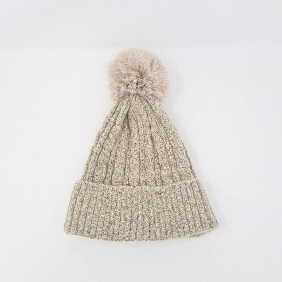 Beige Luxury Cable Knit Hat with Faux Fur Pom-Pom