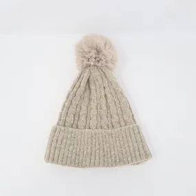 Beige Luxury Cable Knit Hat with Faux Fur Pom-Pom