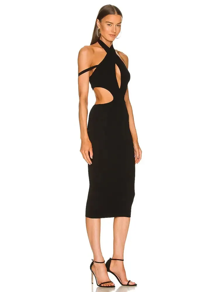 Black Bodycon Off Shoulder Solid Midi Dress