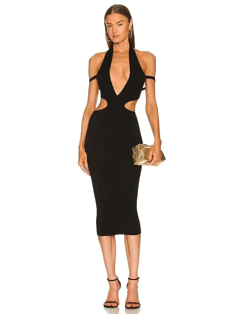 Black Bodycon Off Shoulder Solid Midi Dress