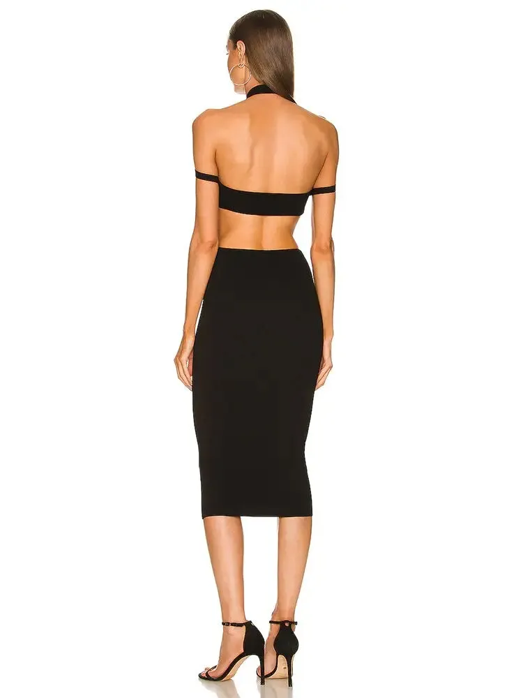 Black Bodycon Off Shoulder Solid Midi Dress