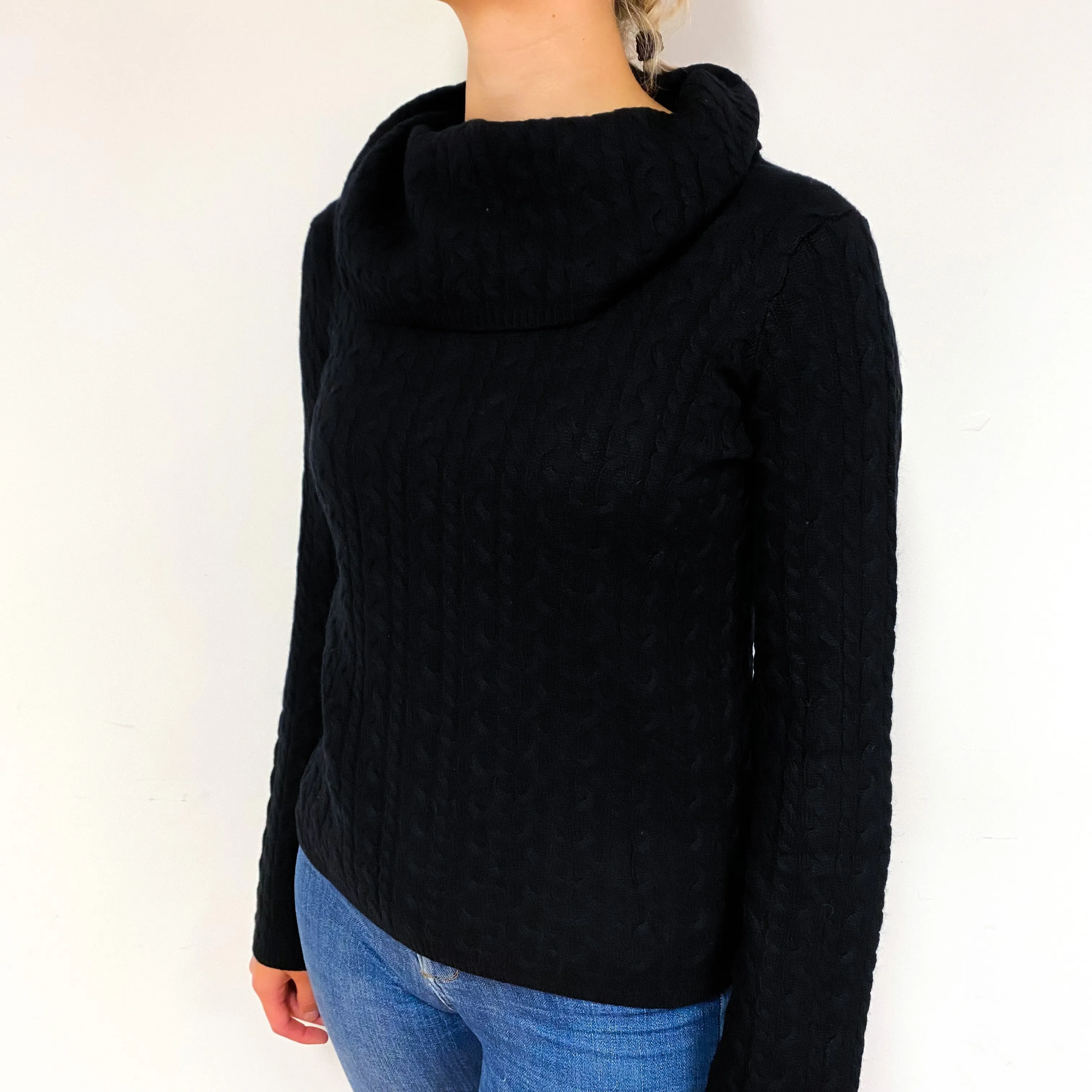 Black Cable Cashmere Cowl Neck Jumper Small