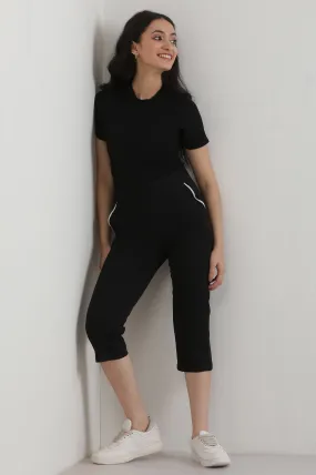 Black Solid Cotton Blend Straight Culottes