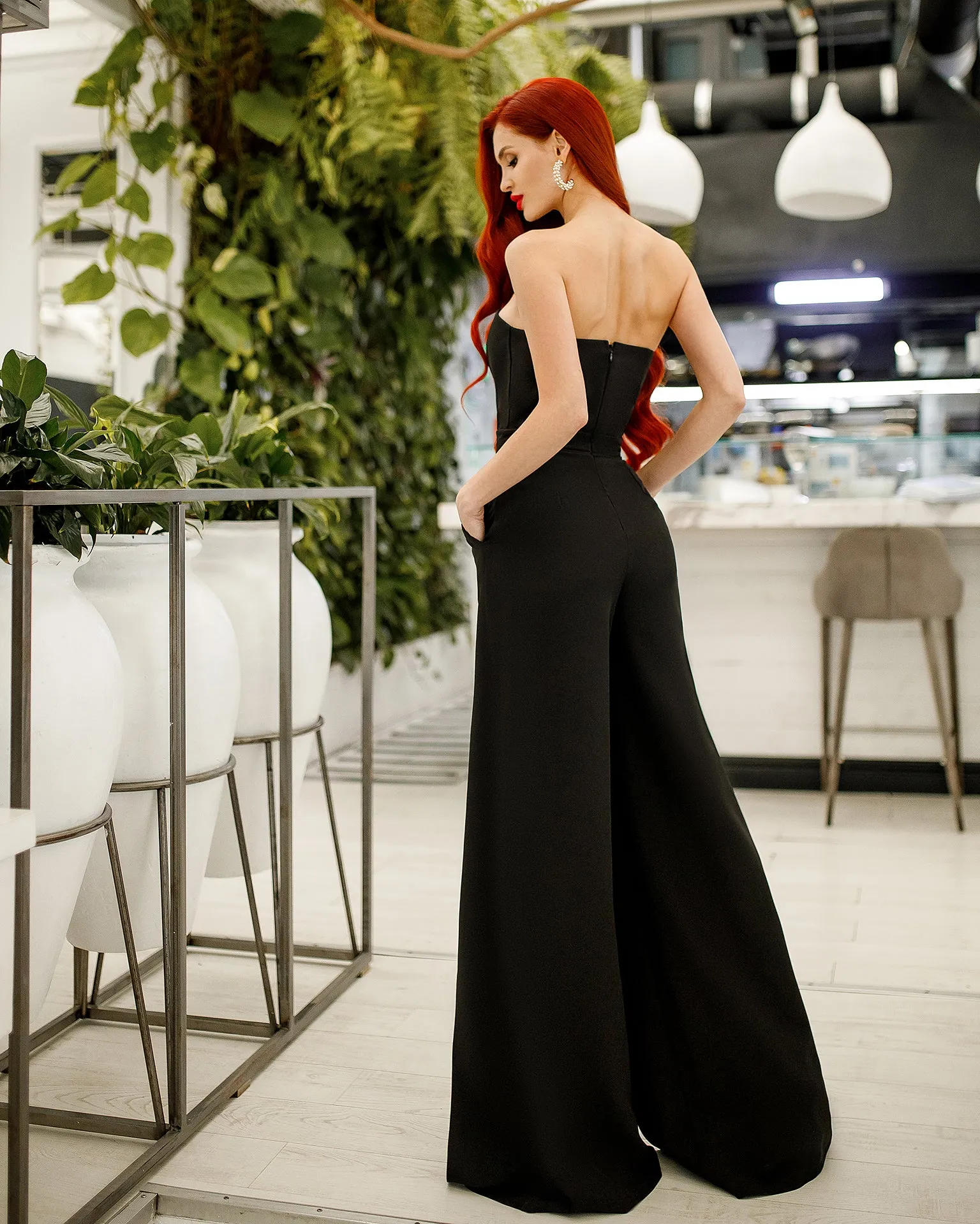 Black Strapless V-Neck Jumpsuit