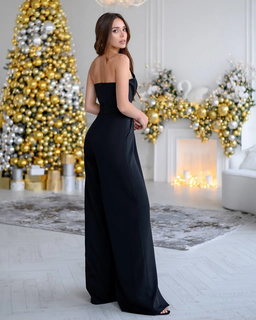 Black Strapless V-Neck Jumpsuit