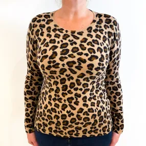Camel Brown Leopard Print Cashmere Crew Neck Jumper Large