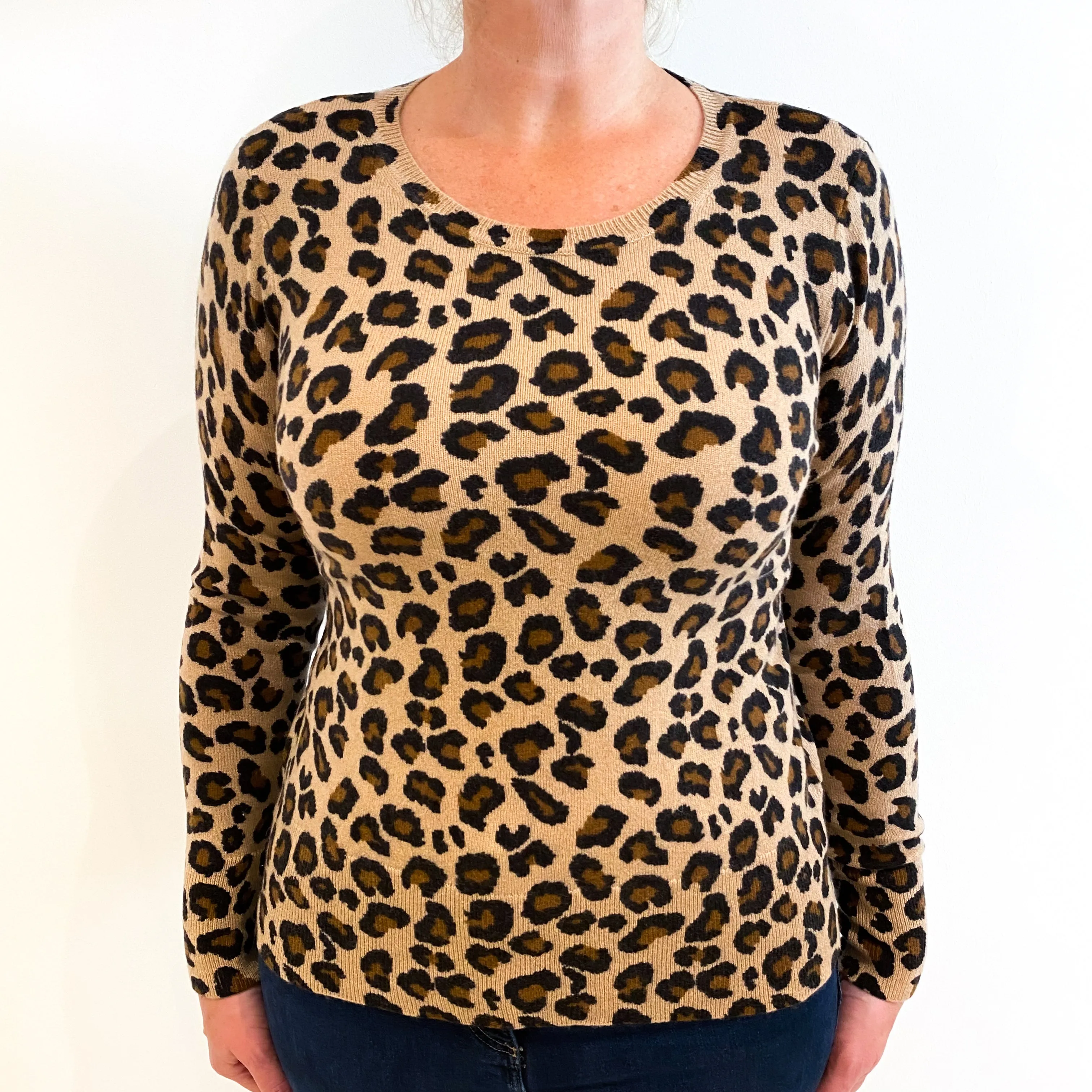 Camel Brown Leopard Print Cashmere Crew Neck Jumper Large