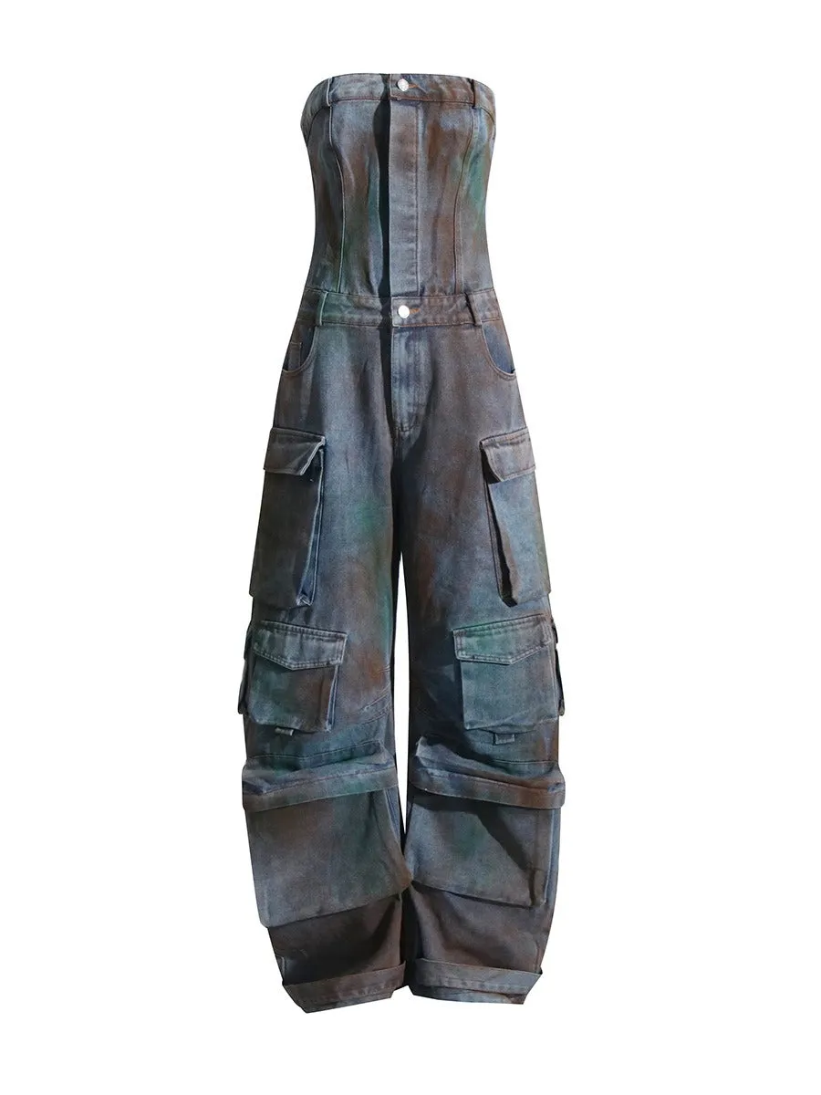 Cargo Strapless High Waist Wide Leg Jumpsuit