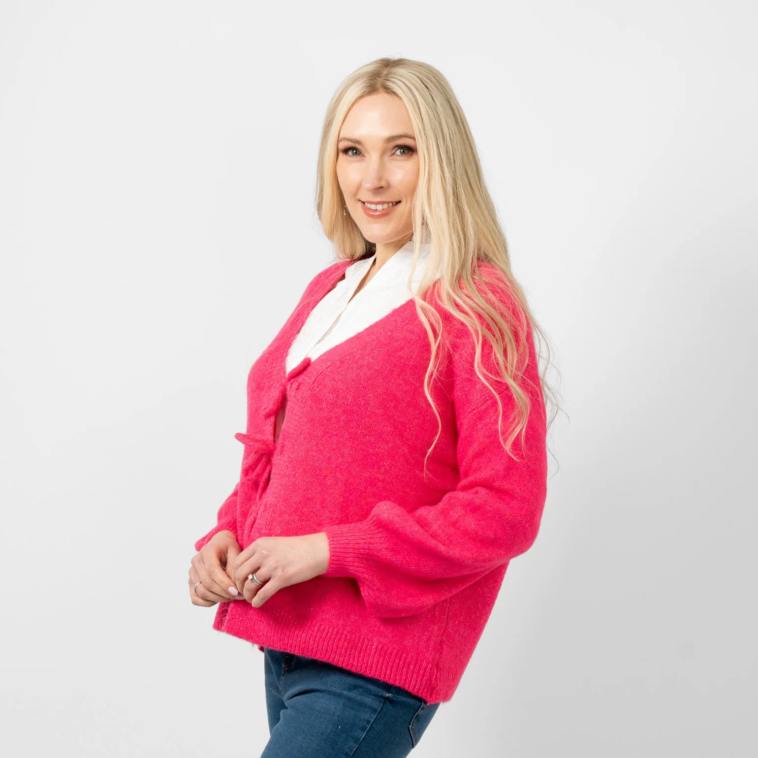 Cassidy Tie Front Wool Blend Cardigan - Fuchsia
