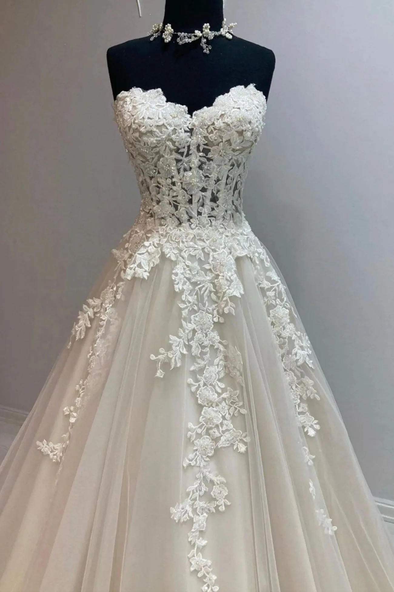 Champagne tulle lace long prom dress evening dress