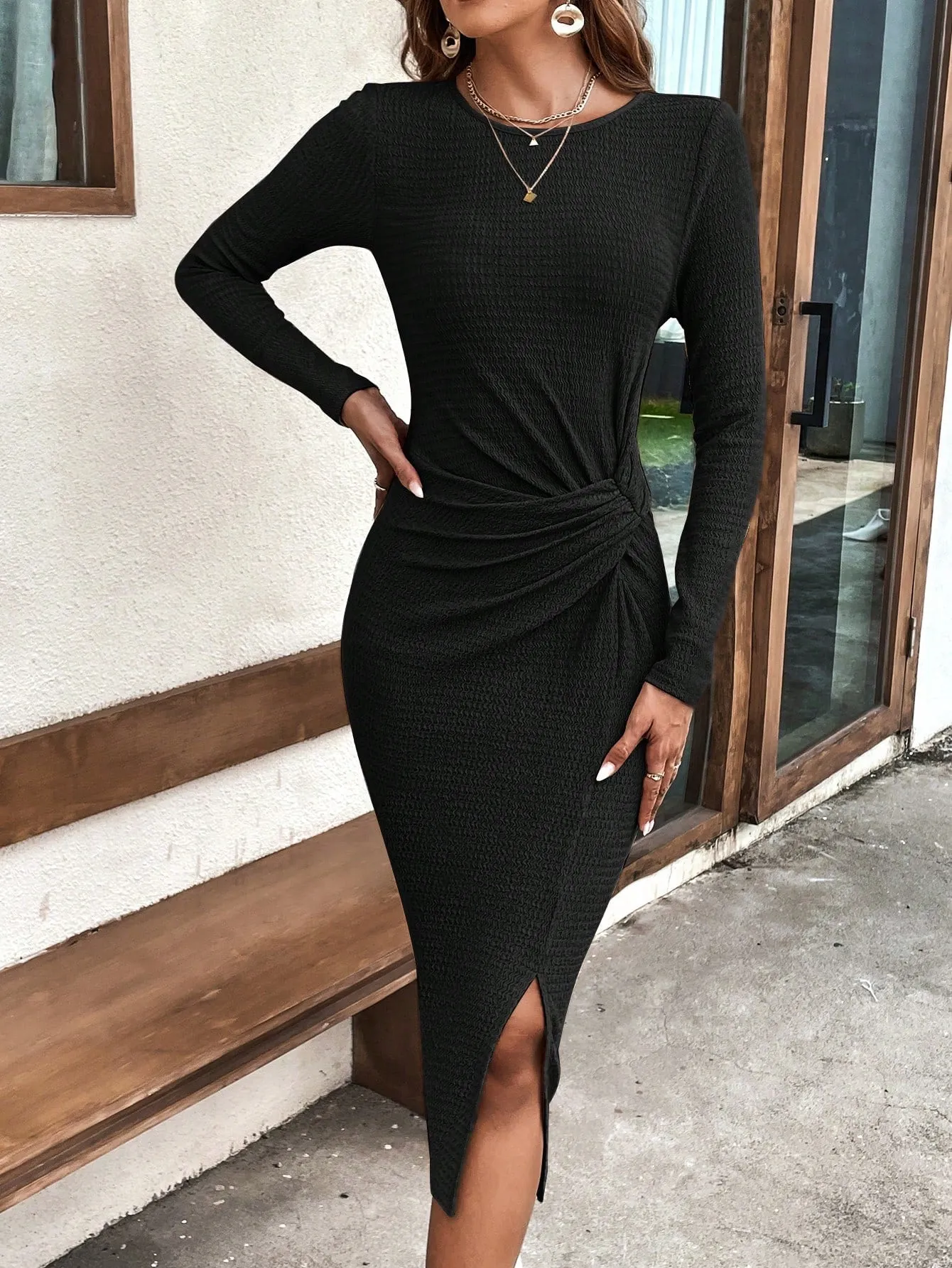 Clasi Twist Front Split Thigh Ribbed Knit Bodycon Dress