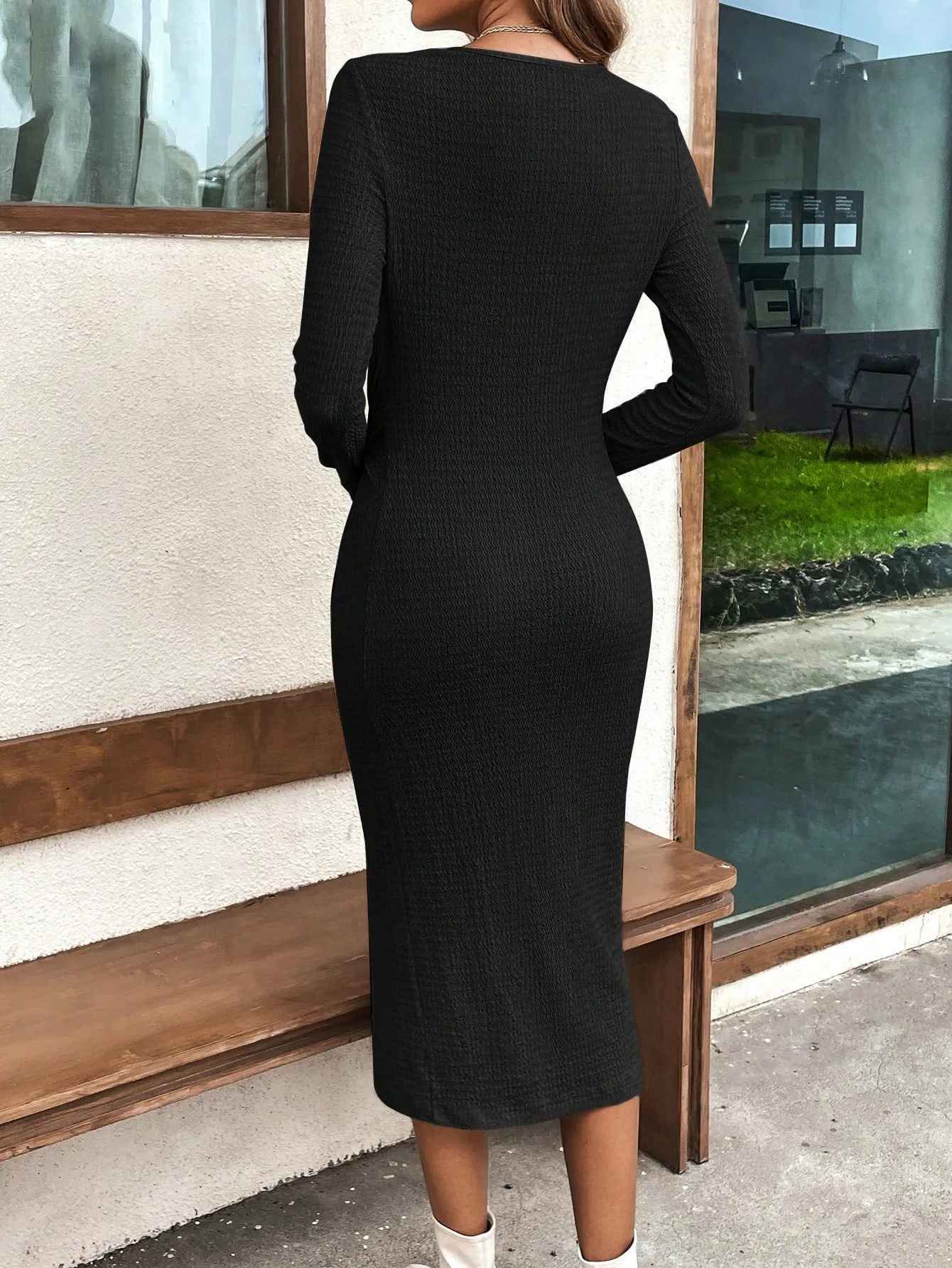 Clasi Twist Front Split Thigh Ribbed Knit Bodycon Dress