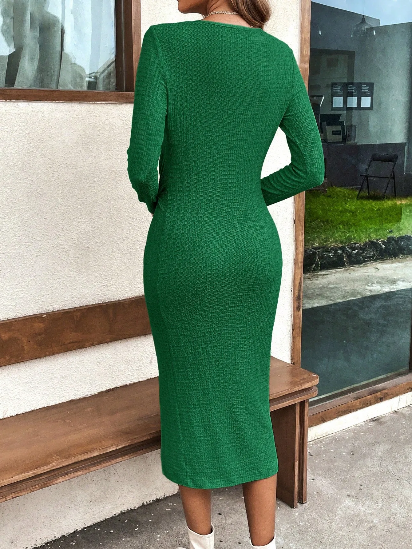 Clasi Twist Front Split Thigh Ribbed Knit Bodycon Dress