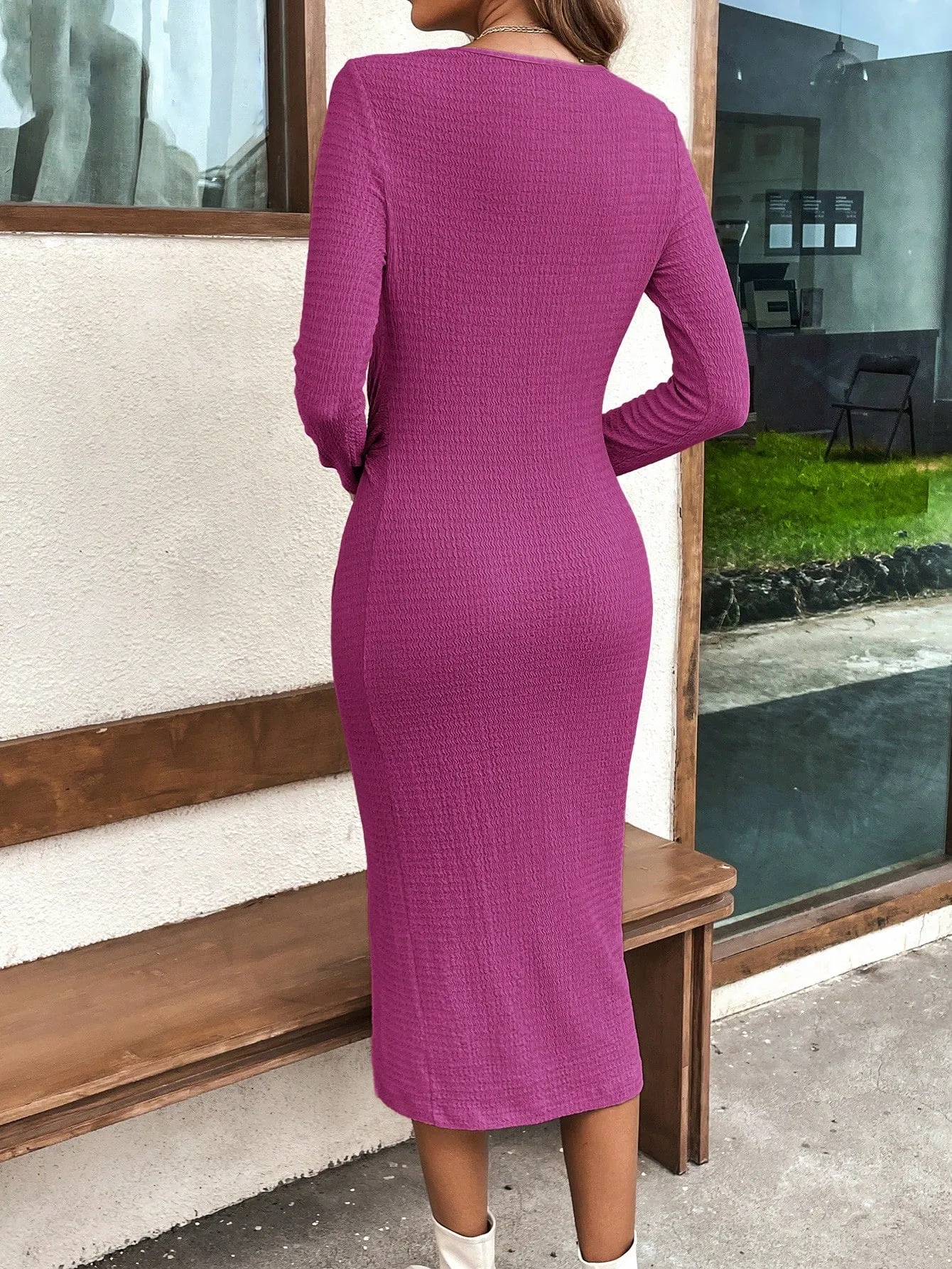 Clasi Twist Front Split Thigh Ribbed Knit Bodycon Dress