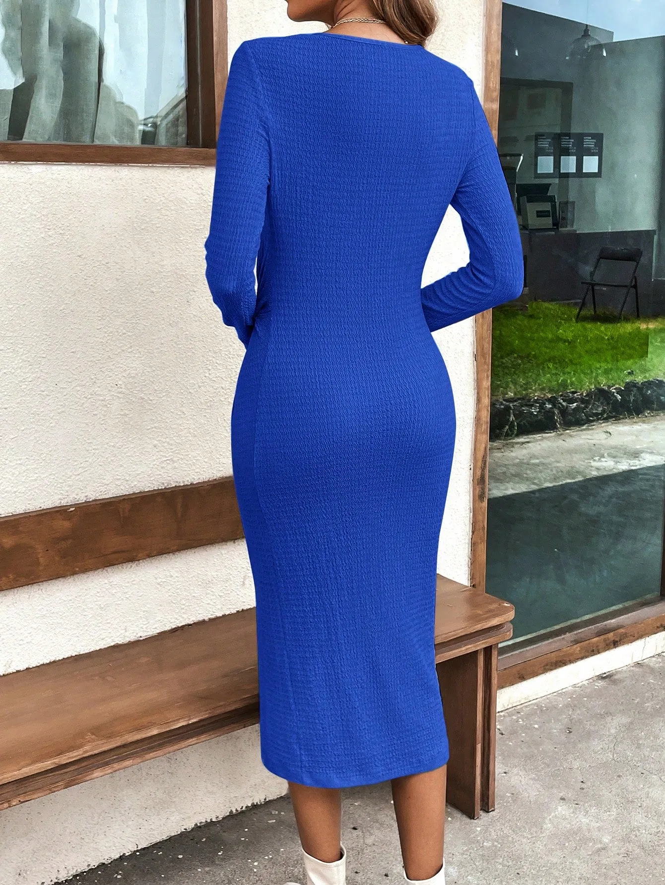 Clasi Twist Front Split Thigh Ribbed Knit Bodycon Dress