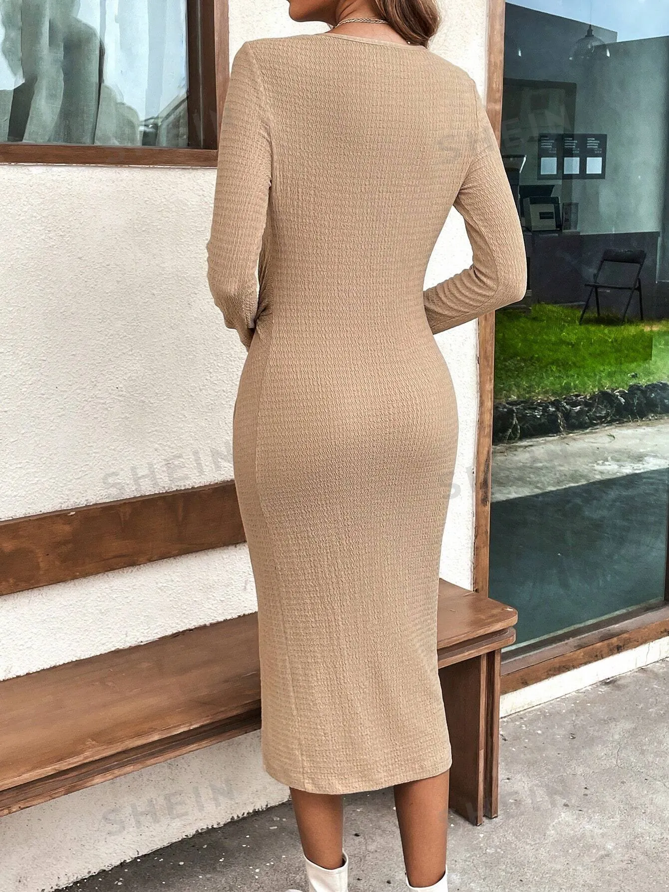 Clasi Twist Front Split Thigh Ribbed Knit Bodycon Dress