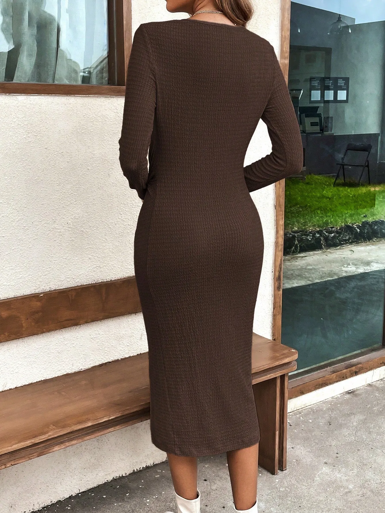 Clasi Twist Front Split Thigh Ribbed Knit Bodycon Dress