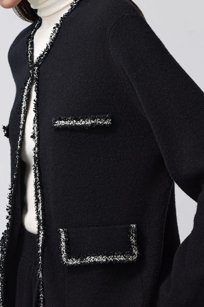 Classic French Inspired 100 Wool Crewneck Cardigan With Contrast Trim in Black