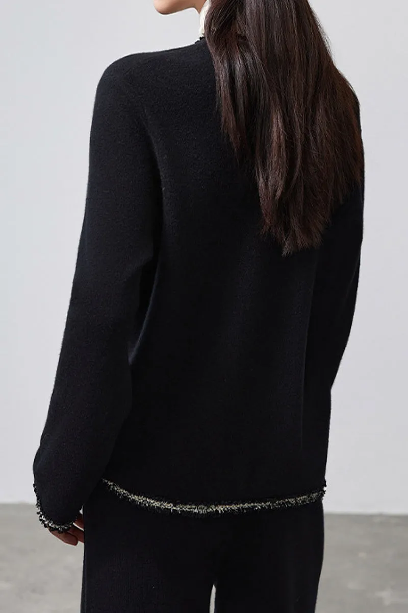 Classic French Inspired 100 Wool Crewneck Cardigan With Contrast Trim in Black