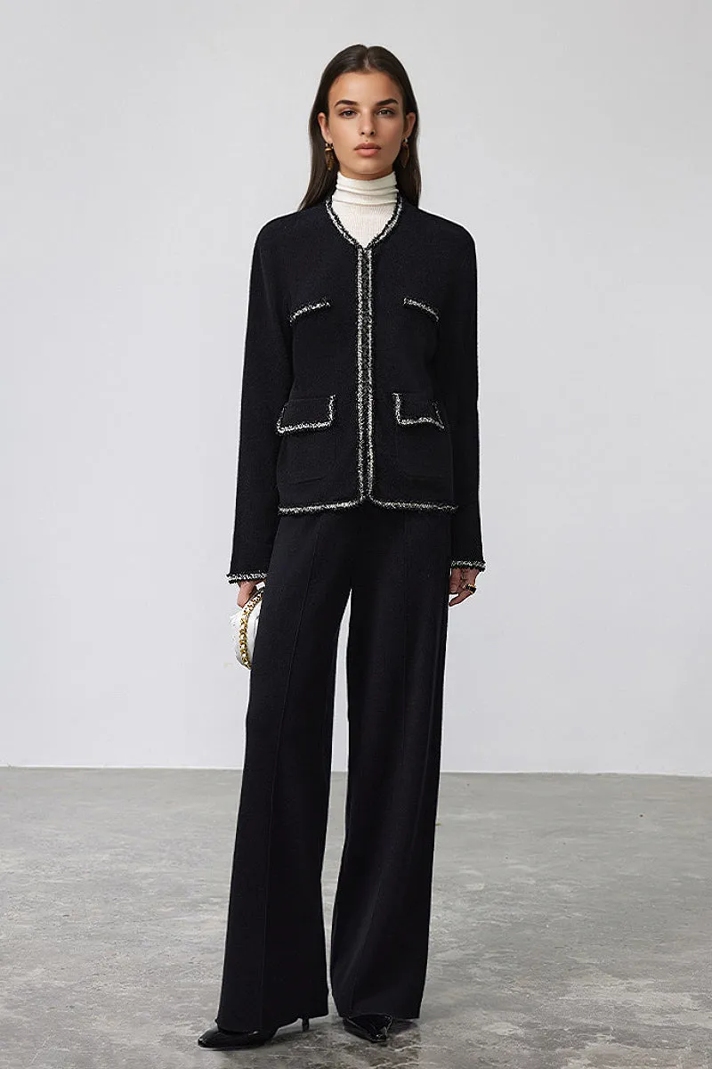 Classic French Inspired 100 Wool Crewneck Cardigan With Contrast Trim in Black